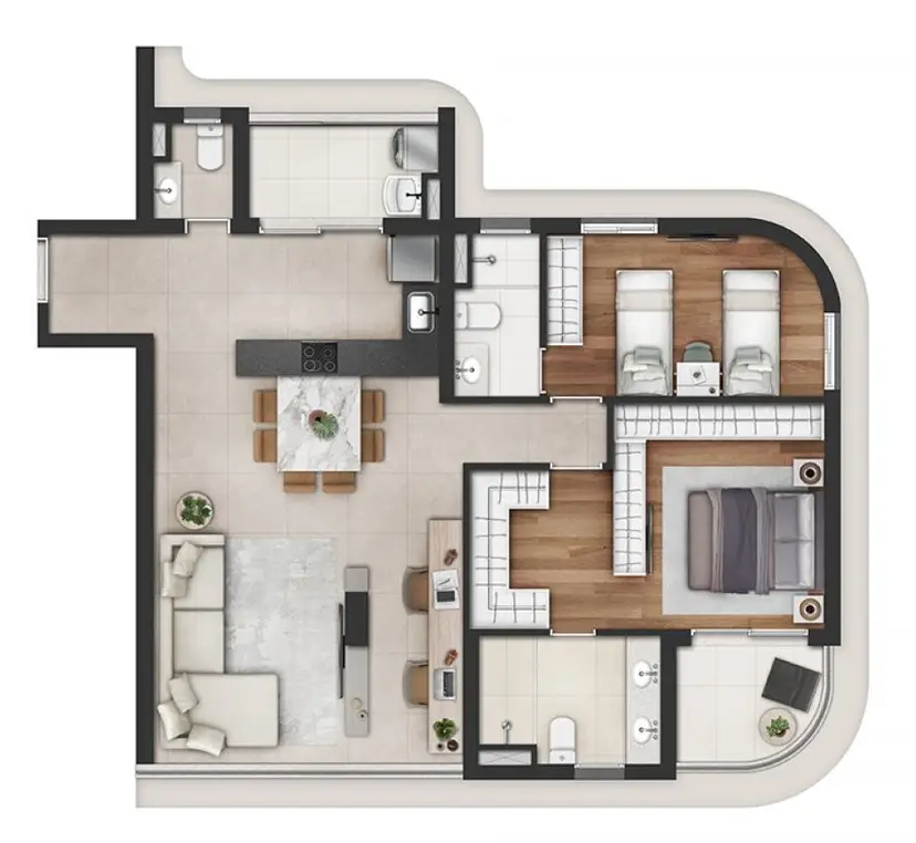 Planta 2 dormitórios 96 m²