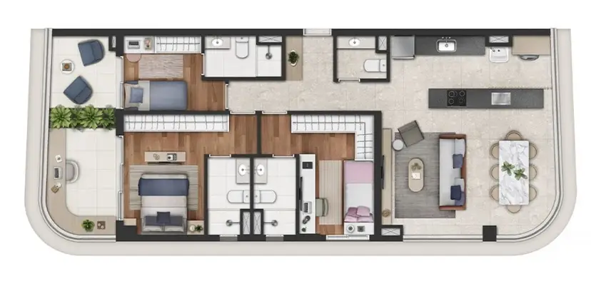 Planta 3 dormitórios 105 m²