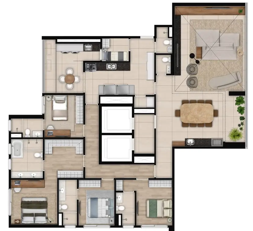 Planta 4 dormitórios 220 m²