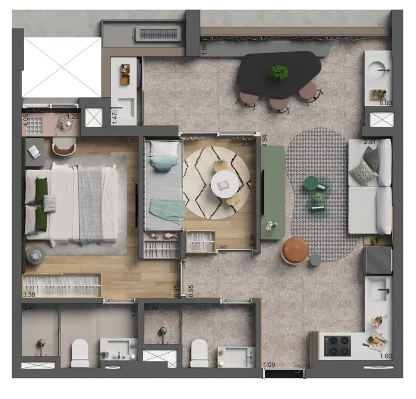Planta 2 dormitórios 56 m²