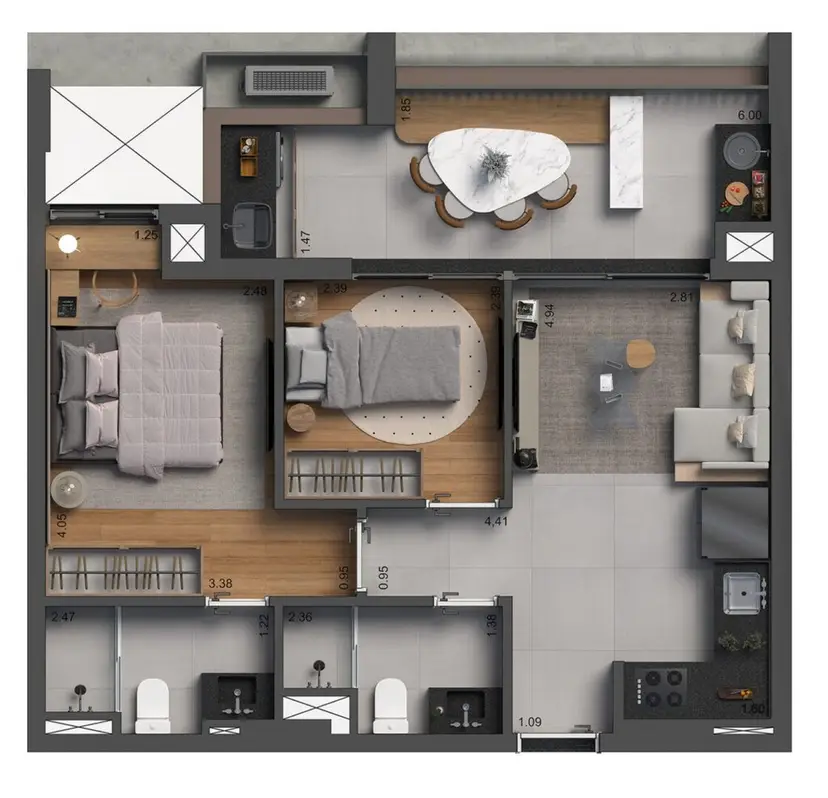 Planta 2 dormitórios 60 m²