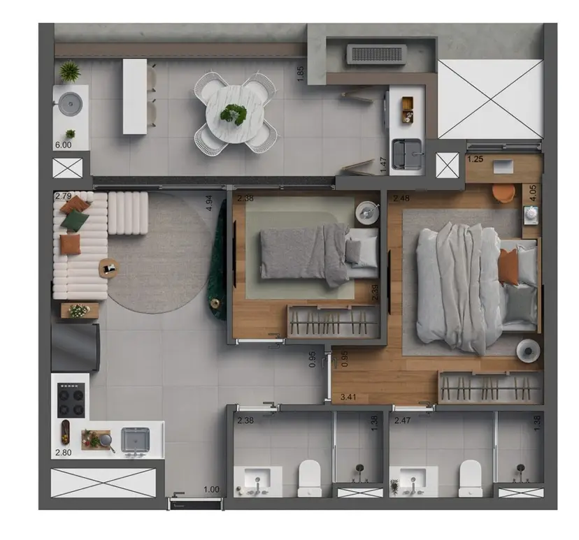 Planta 2 dormitórios 60 m²