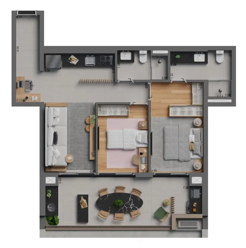 Planta 2 dormitórios 78 m²