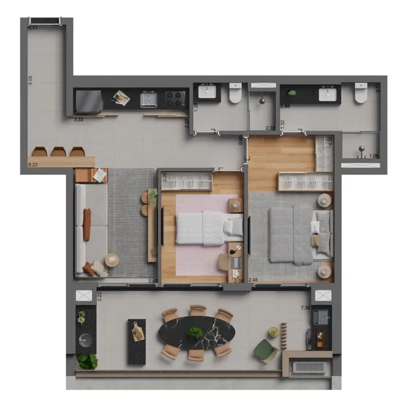 Planta 2 dormitórios 78 m²