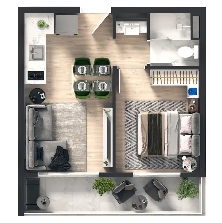 Planta 1 dormitório 33,68 m²