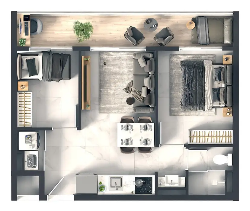 Planta 2 dormitórios 44,06 m²