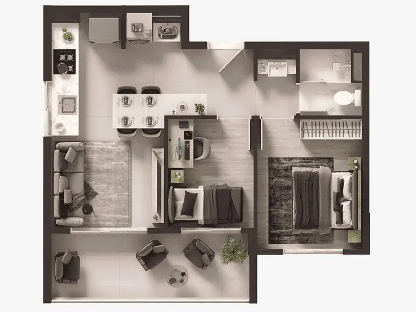 Planta 2 dormitórios 46,15 m²