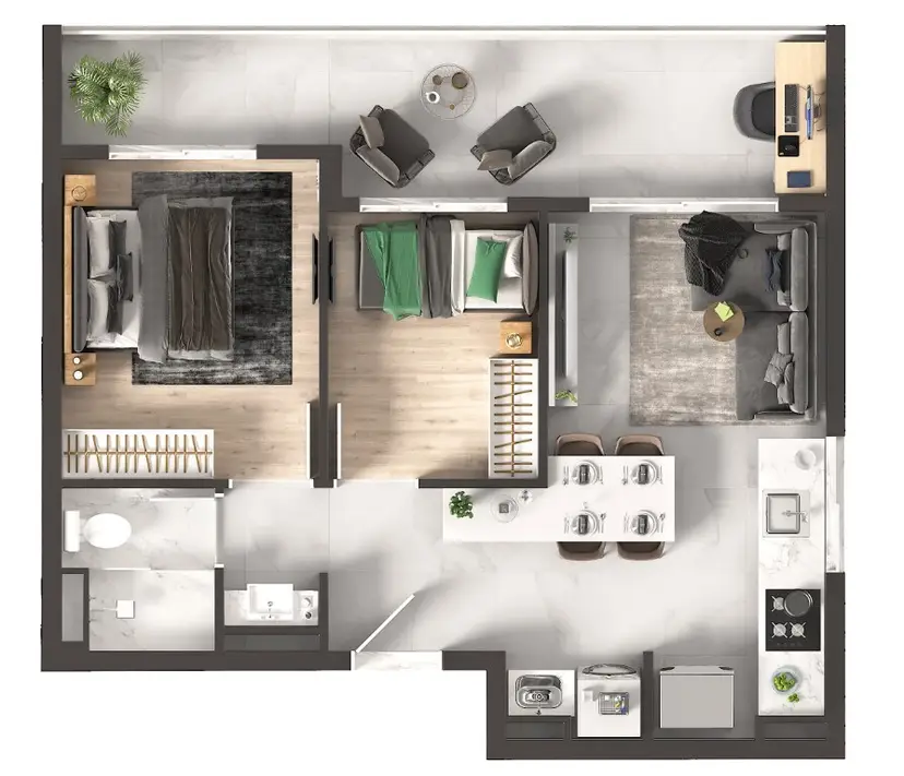Planta 2 dormitórios 49 m²