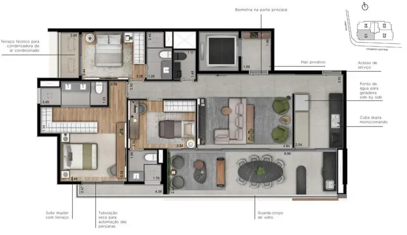 Planta 3 dormitórios 126 m²