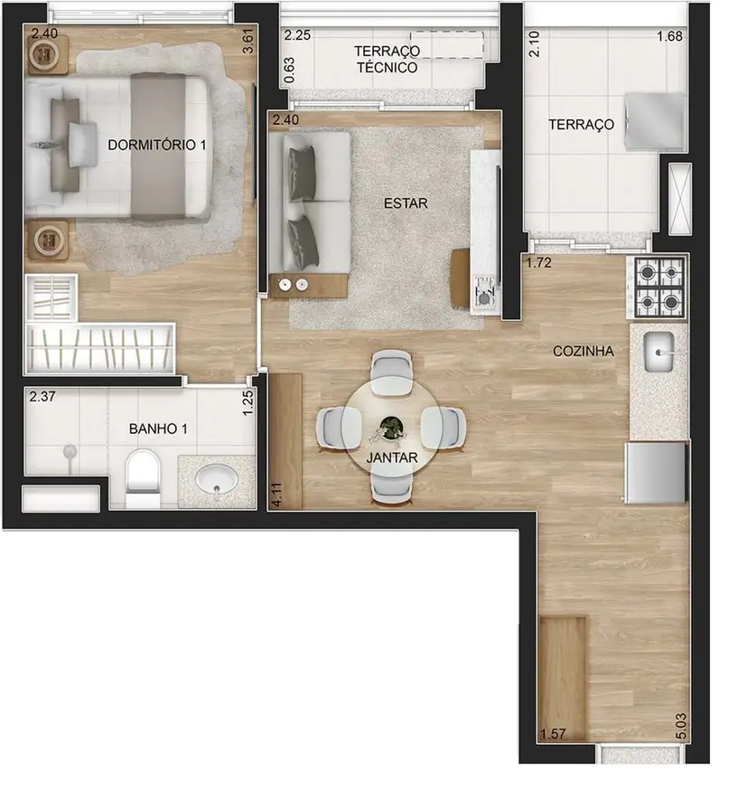 Planta 1 dormitório 43 m²