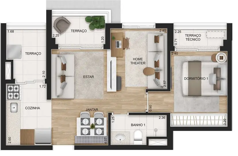 Planta 1 dormitório – opção de planta 51 m²