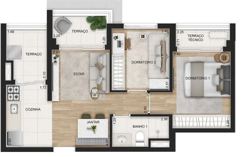 Planta 2 dormitórios 51 m²