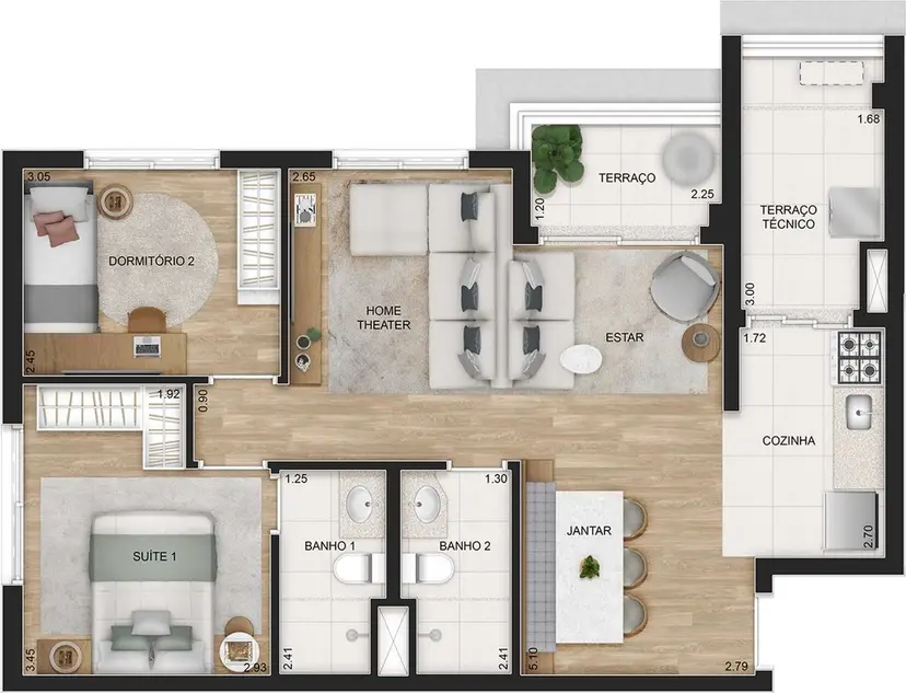 Planta 2 dormitórios – opção de planta 69 m²
