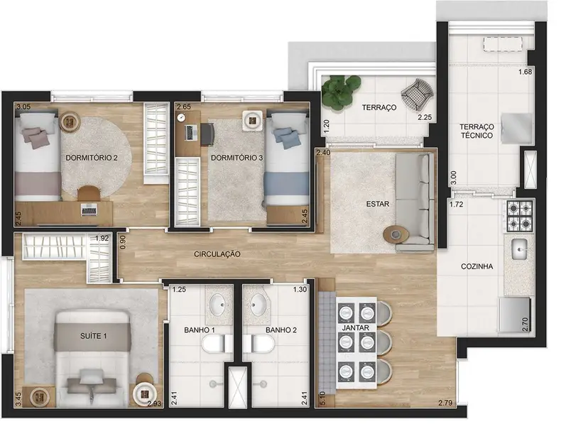 Planta 3 dormitórios 69 m²