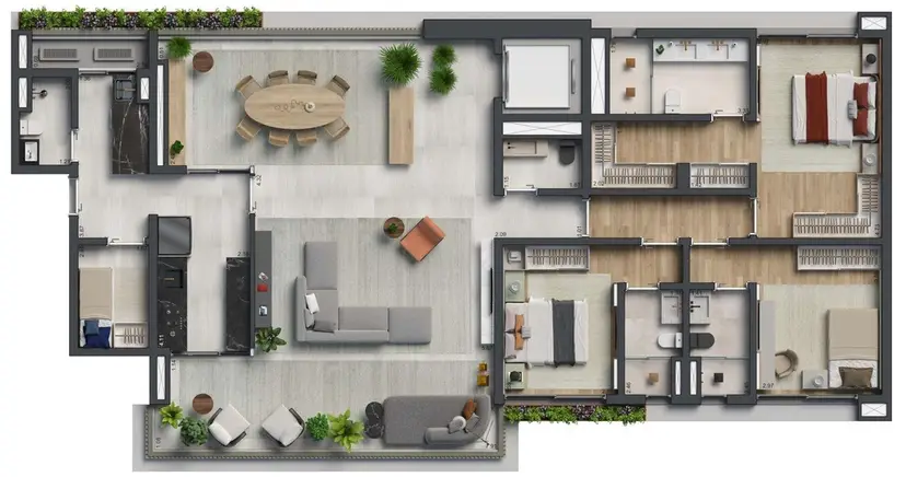 Planta 3 dormitórios 198 m²