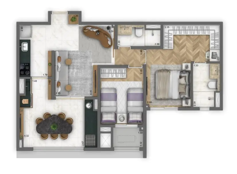 Planta 2 dormitórios 71 m²