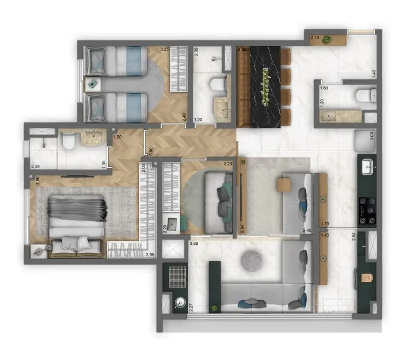 Planta 3 dormitórios 82 m²