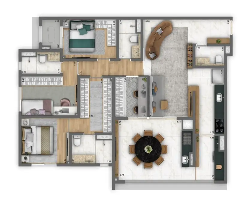 Planta 3 dormitórios 120 m²