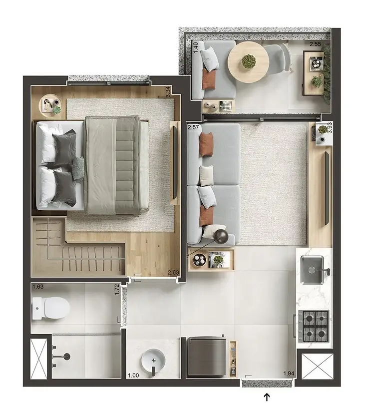 Planta 1 dormitório 29 m²
