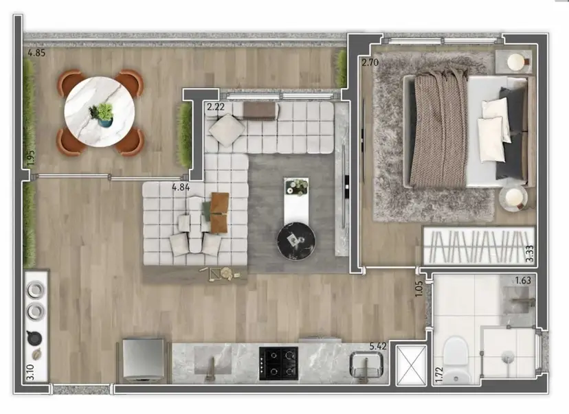 Planta 1 dormitório – opção de planta 39 m²