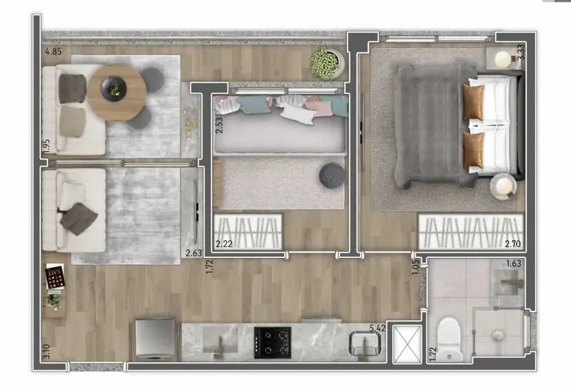 Planta 2 dormitórios 39 m²