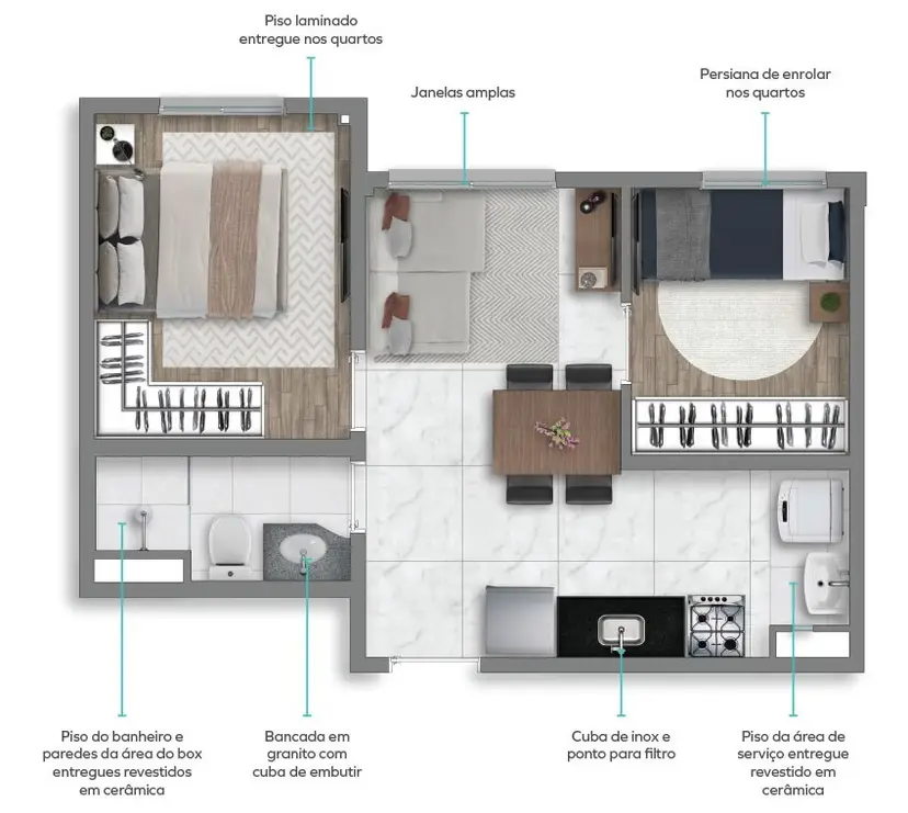 Planta 2 dormitórios 33,68 m²