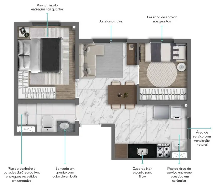 Planta 2 dormitórios 33,68 m²