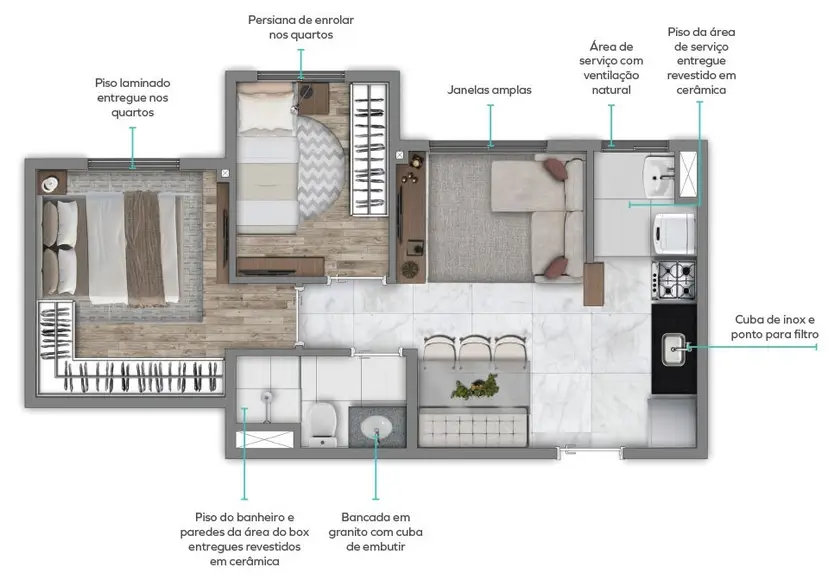 Planta 2 dormitórios 36,00 m²