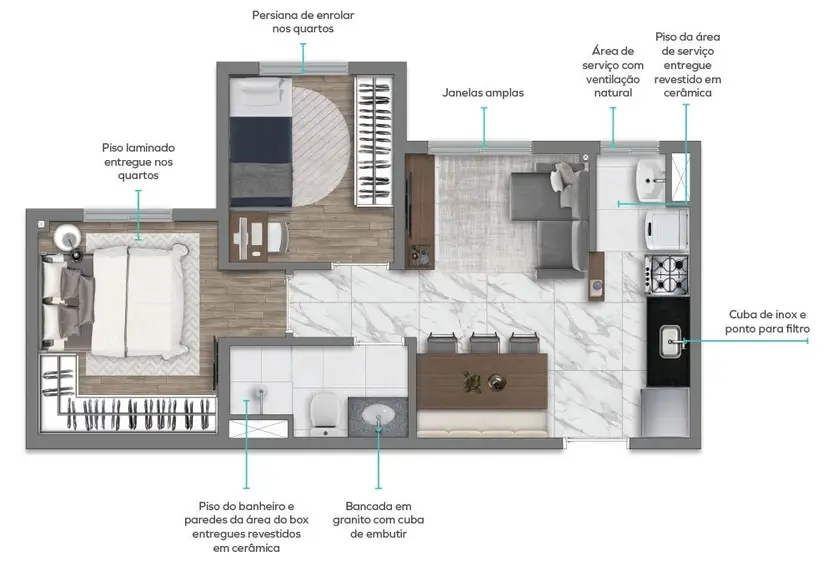 Planta 2 dormitórios 36,00 m²