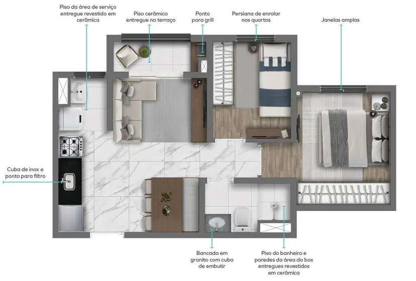 Planta 2 dormitórios 38,00 m²