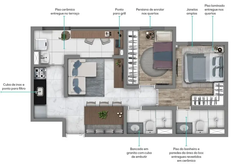 Planta 2 dormitórios 46,00 m²