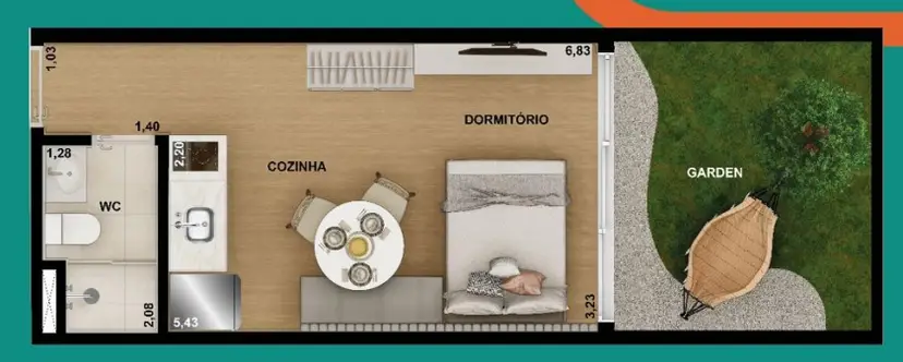 Planta 1 dormitório – garden 34,07 m²