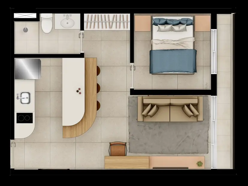 Planta 1 dormitório 36,04 m²