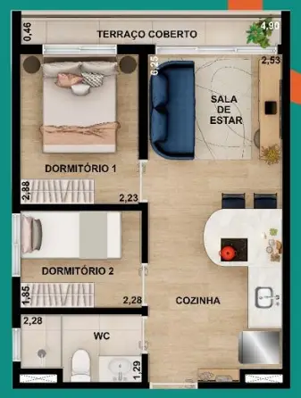 Planta 2 dormitórios 36,74 m²