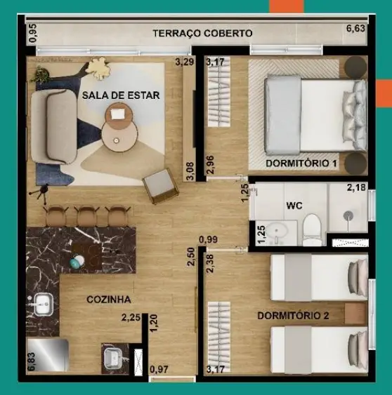 Planta 2 dormitórios 48,61 m²