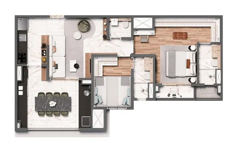 Planta 2 dormitórios 75 m²