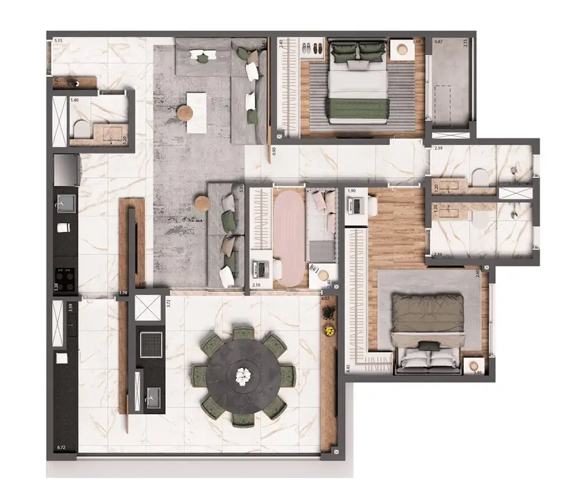 Planta 3 dormitórios 100 m²