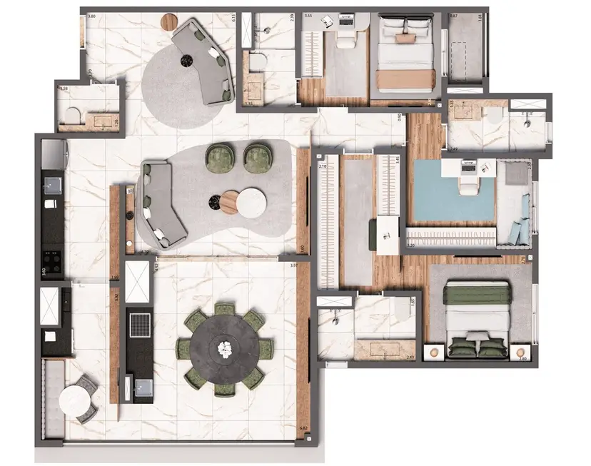 Planta 3 dormitórios 123 m²