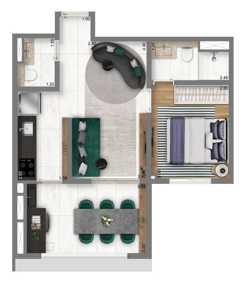 Planta 1 dormitório 44 m²