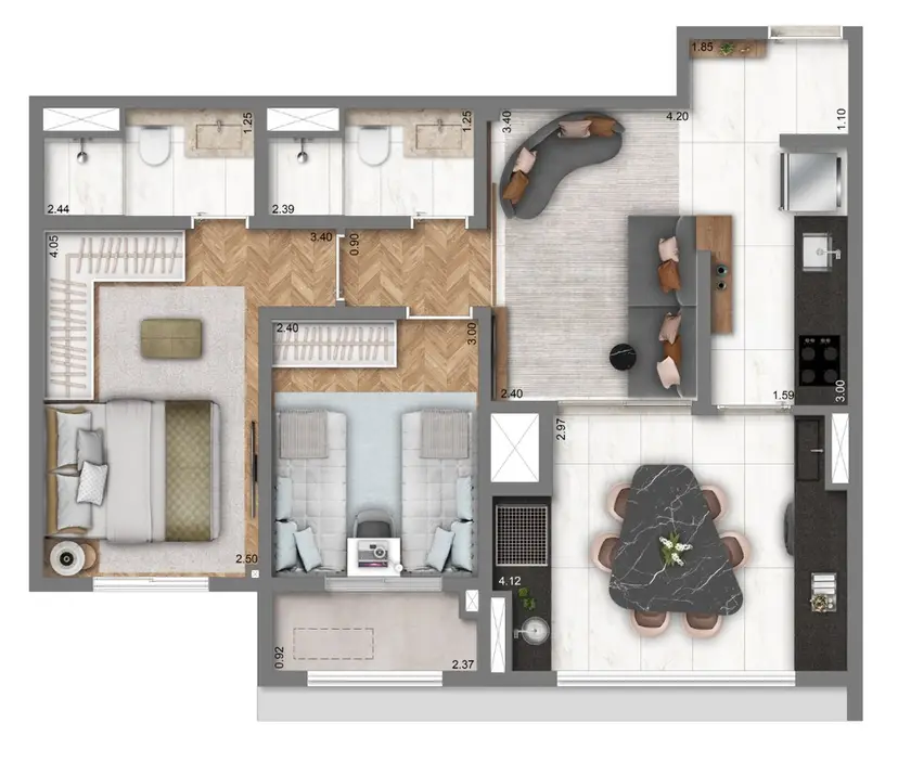 Planta 2 dormitórios 63 m²