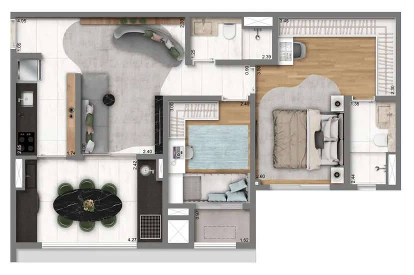 Planta 2 dormitórios 69 m²