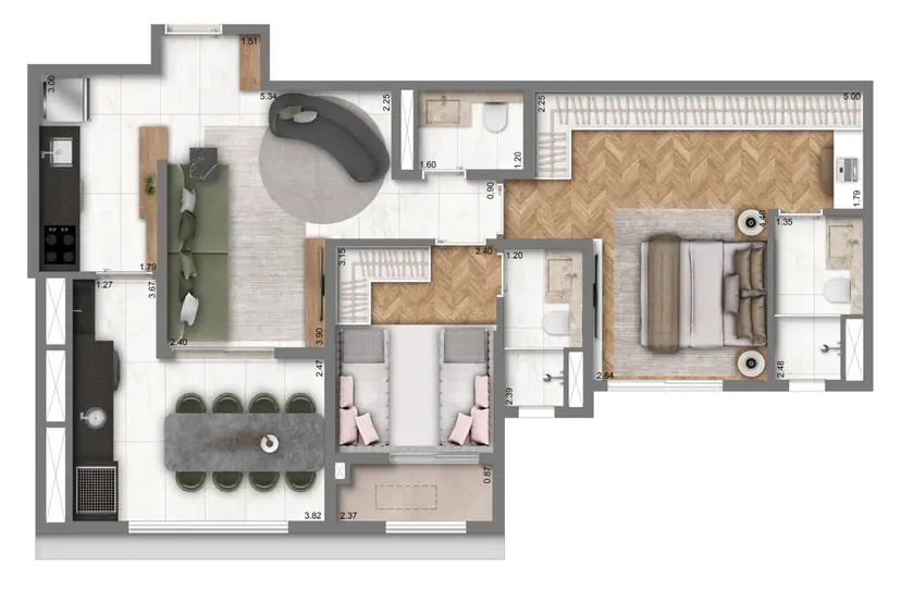Planta 2 dormitórios 75 m²