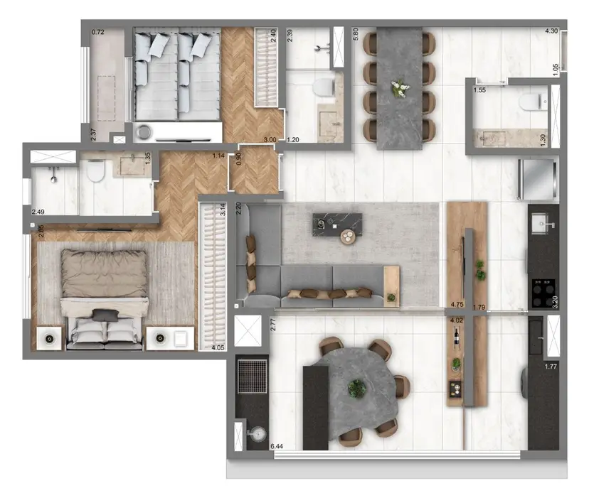 Planta 2 dormitórios – opção de planta 80 m²