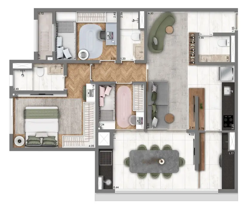 Planta 3 dormitórios 80 m²