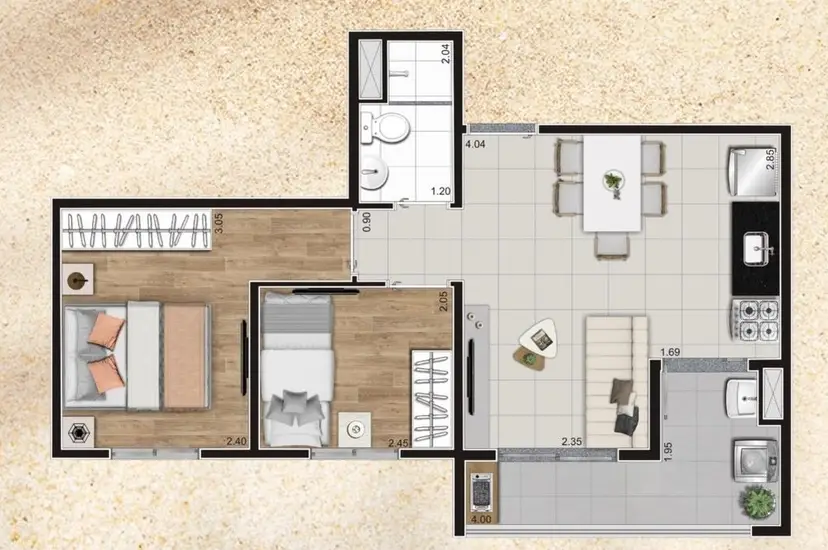 Planta 2 dormitórios 41 m²