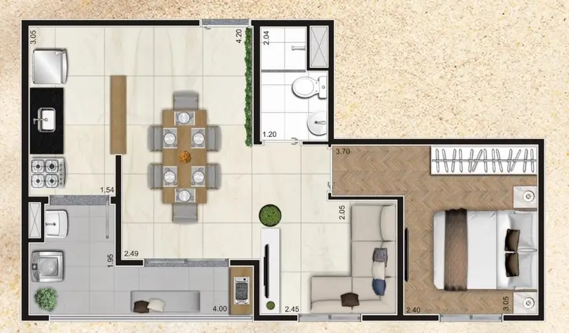 Planta 1 dormitório – opção de planta 42 m²