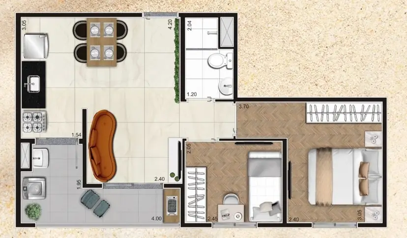Planta 2 dormitórios 42 m²