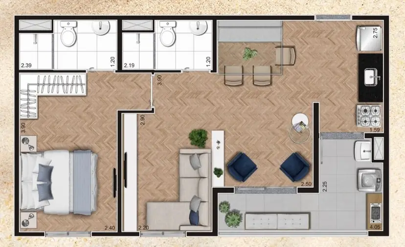 Planta 1 dormitório – opção de planta 49 m²