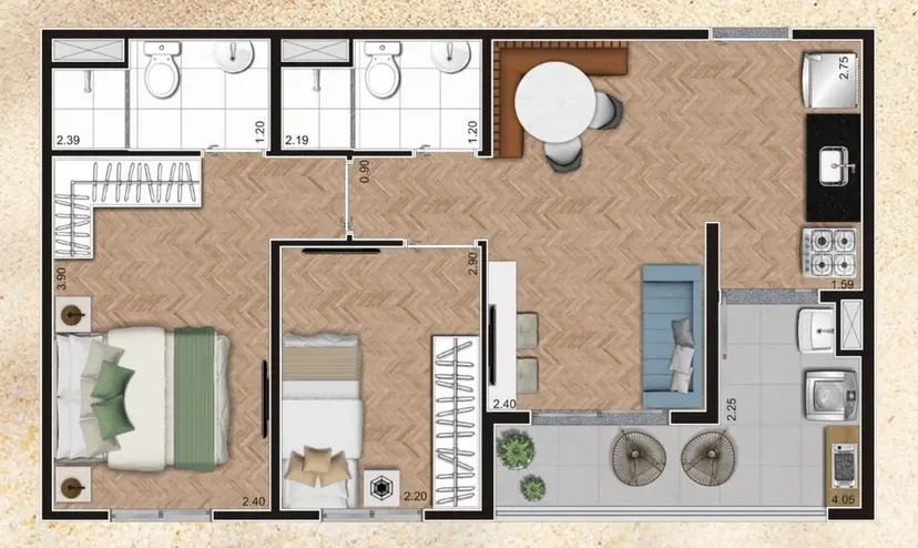 Planta 2 dormitórios 49 m²