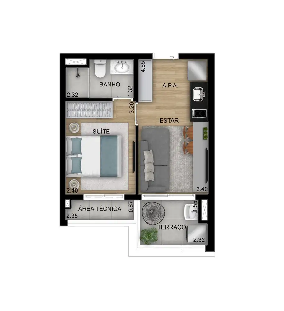 Planta 1 dormitório 32 m²